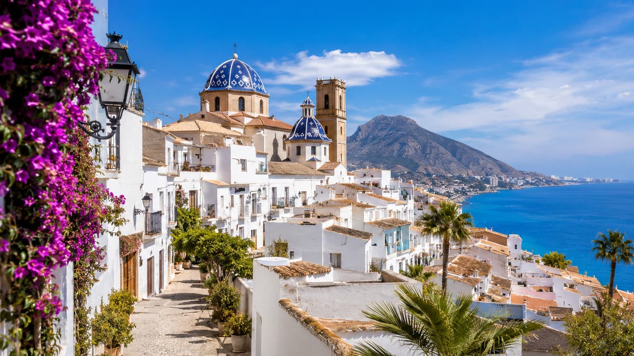 Casco antiguo de Altea sobre la bahía, con la cúpula azul de la iglesia
