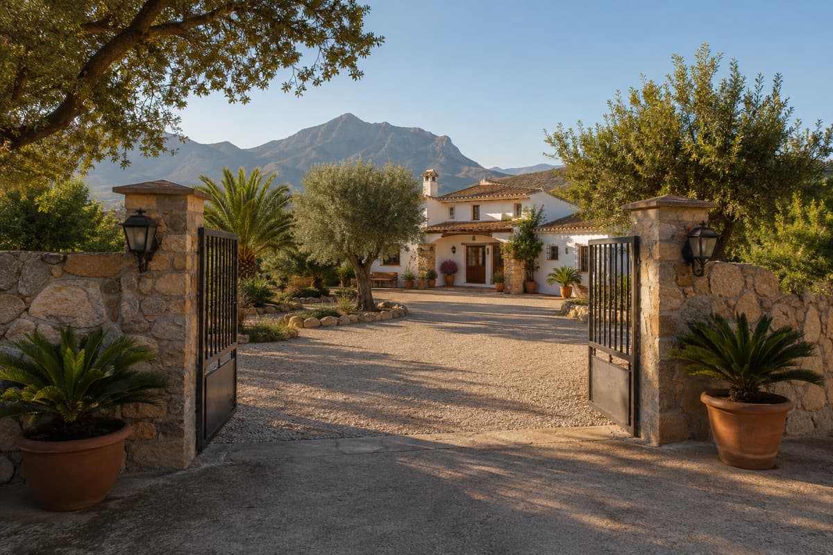 Entrada con cancela y muro de piedra de una finca en Altea la Vella, con olivos y la sierra al fondo