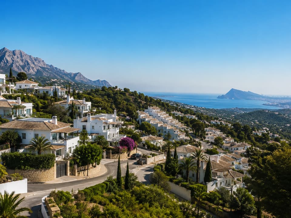 Villas escalonadas en la ladera de la urbanización Altea Hills, con la sierra y la bahía al fondo